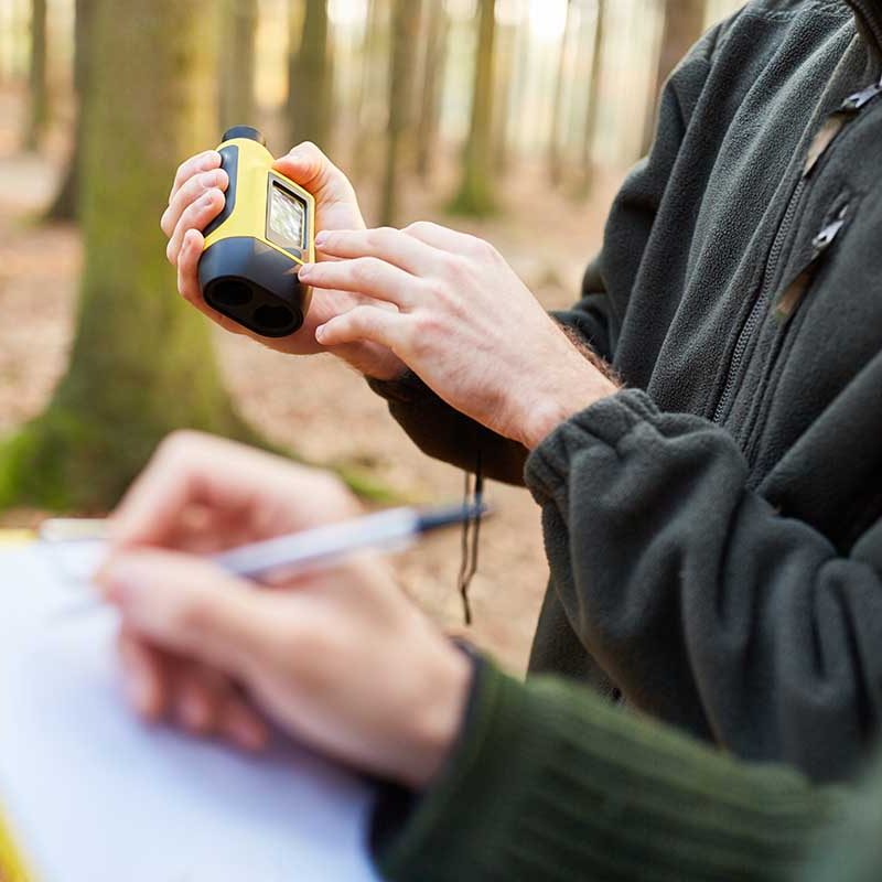 Two foresters with rangefinder and clipboard at the forest care